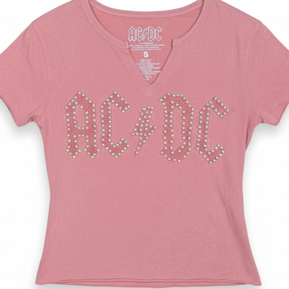 AC/DC Pearl Embroidered Pink V-Neck Logo T-Shirt Womens Small 100% Cotton Music